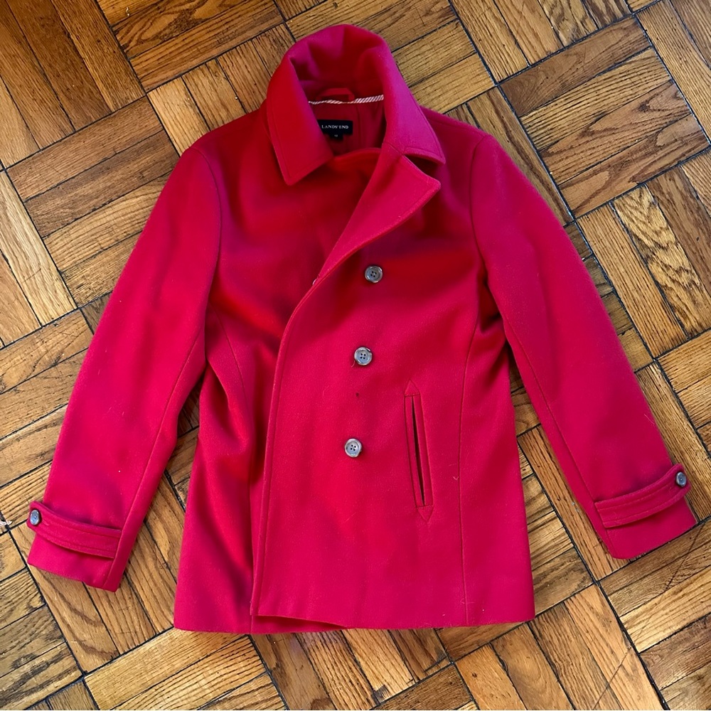 Lands’ End Double Breasted Tomato Red Pea Coat Gem